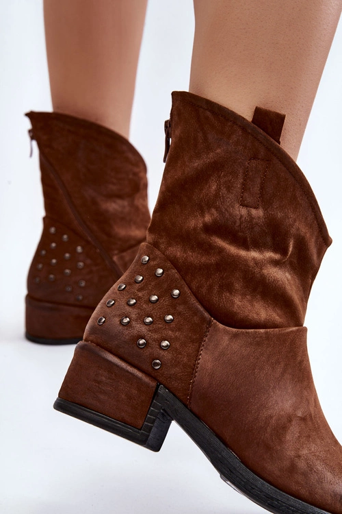 Damskie Botki Na Suwak Z Ćwiekami Brązowe Lance