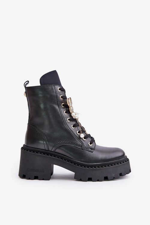 Skórzane Botki Workery Damskie Z Motylem Czarne CheBello 4590