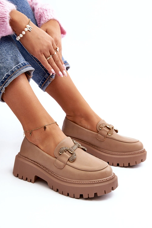 Mokasyny Damskie Z Ozdobą Ciemnobeżowe Gargi