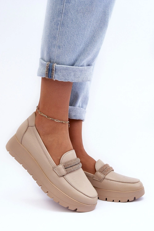 Skórzane Półbuty Na Platformie Z Ozdobą Jasnobeżowe Lemar Lehira