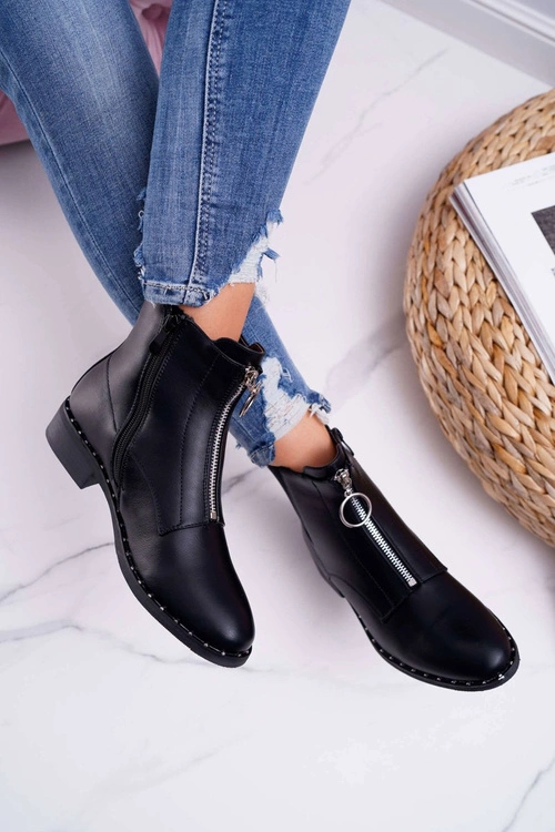 Botki Damskie Płaskie Ozdobny Suwak Czarne Vermina