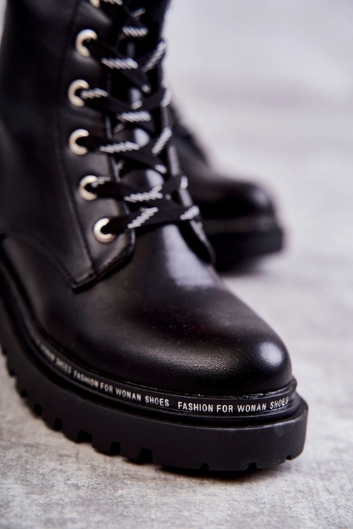 Wysokie Ocieplane Damskie Botki Wiązane Czarne Darla