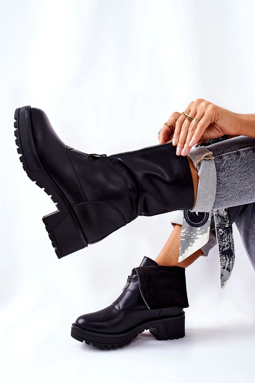 Skórzane Botki Na Obcasie Czarne Challonte