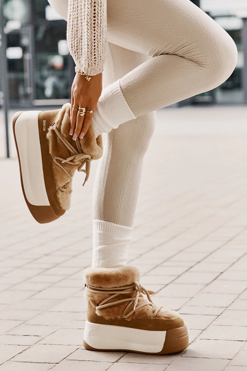 Skórzane Śniegowce Damskie Na Grubej Podeszwie Z Futerkiem Big Star OO274A207 Brązowe