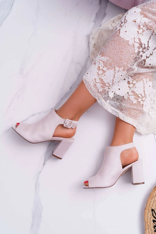 Sandały Damskie Na Słupku Z Cholewką Peep Toe Beżowe Esta