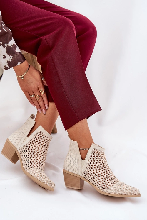 Ażurowe Botki Damskie Na Obcasie Z Wycięciami I Plecionką Jasnobeżowe Tulifedi