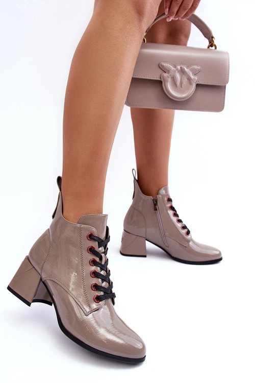 Niskie Lakierowane Botki Sznurowane S.Barski MR870-66 Ciemnobeżowe