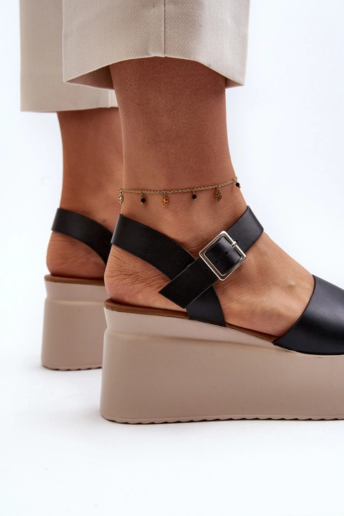 Damskie Sandały Na Koturnie Czarne Geferia