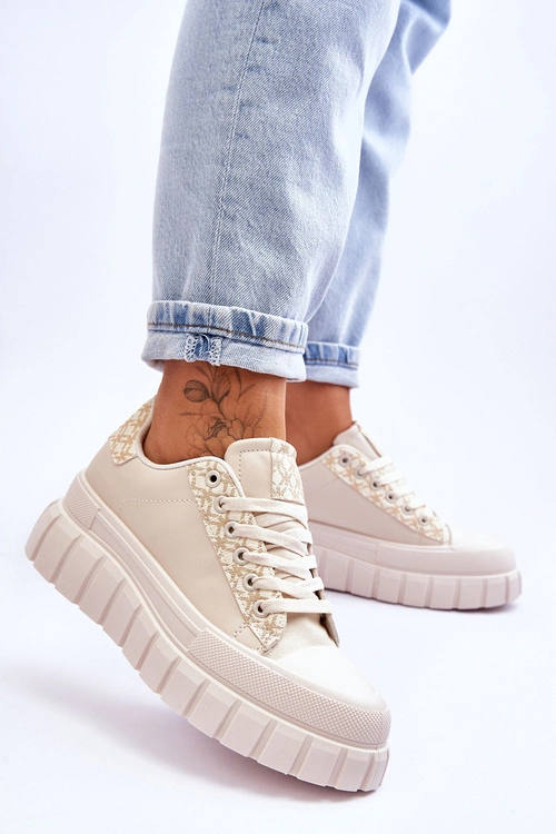 Damskie Skórzane Buty Sportowe Na Platformie Beżowe Alison