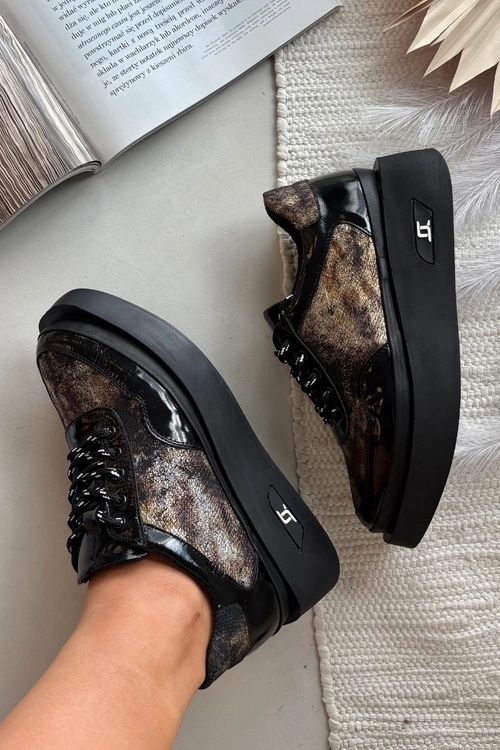 Skórzane Sznurowane Półbuty Damskie Na Platformie Artiker 57C2042 Czarno-Złote