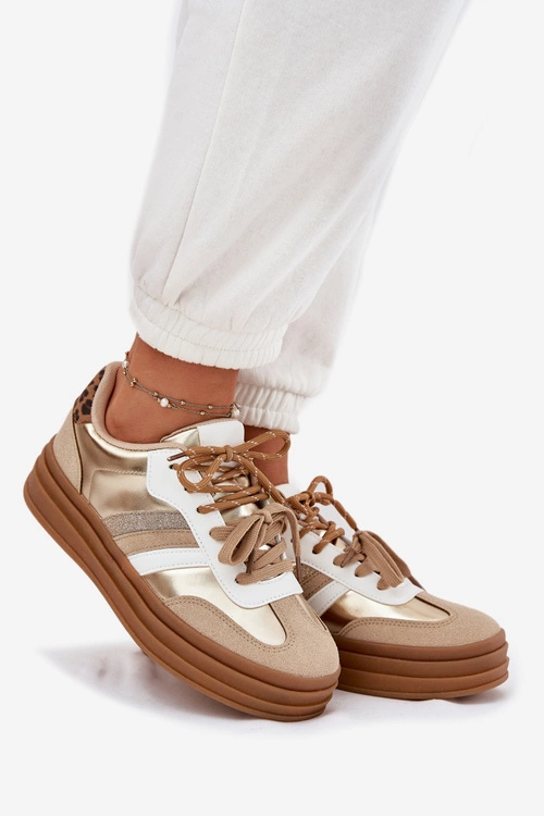 Sneakersy Damskie Na Platformie Z Podwójnym Sznurowaniem Panterka Złote Niteria