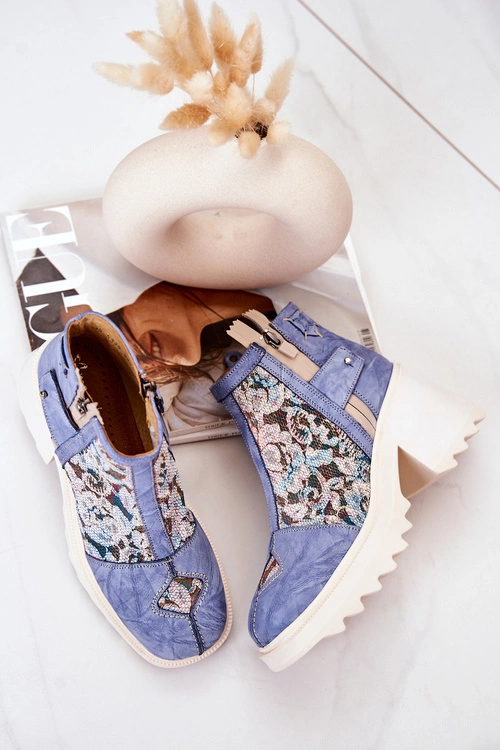 Skórzane Botki Na Masywnym Słupku Maciejka Niebieskie 05325-06