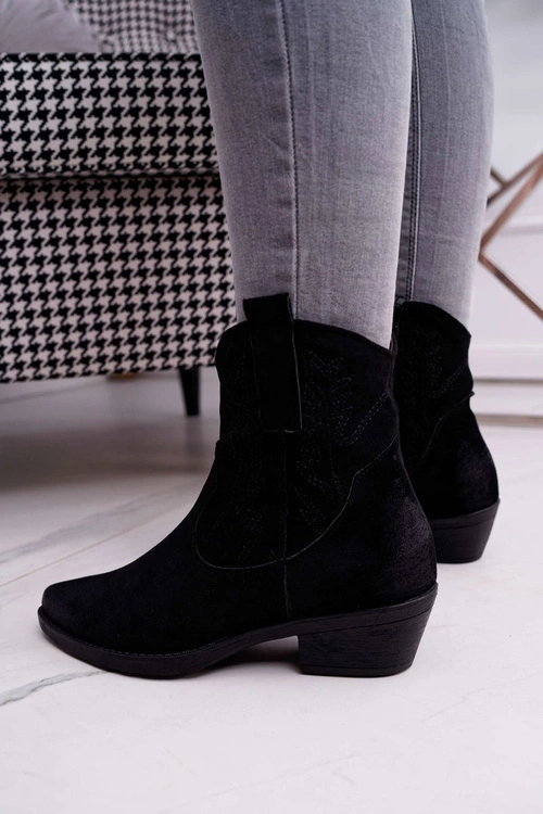 Damskie Botki Kowbojki Zamszowe Czarne Ferders