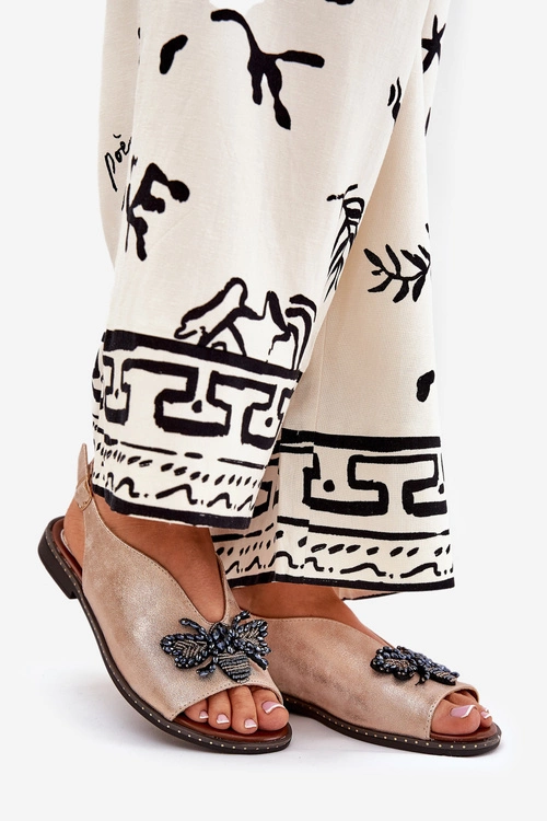 Połyskujące Sandały Damskie Z Ozdobą Płaskie Różowe Złoto Russona