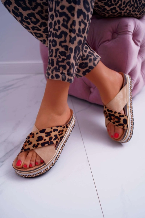 Klapki Damskie Na Platformie Camel Leopard Greta