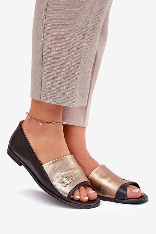 Skórzane Eleganckie Baleriny Z Odkrytymi Palcami Zazoo 1865 Złoto-Czarne