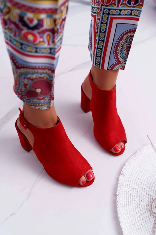 Sandały Damskie Na Słupku Z Cholewką Peep Toe Czerwone Esta