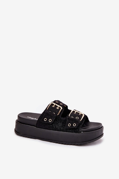 Klapki Damskie Ze Złotymi Klamrami Na Platformie Czarne Virvania