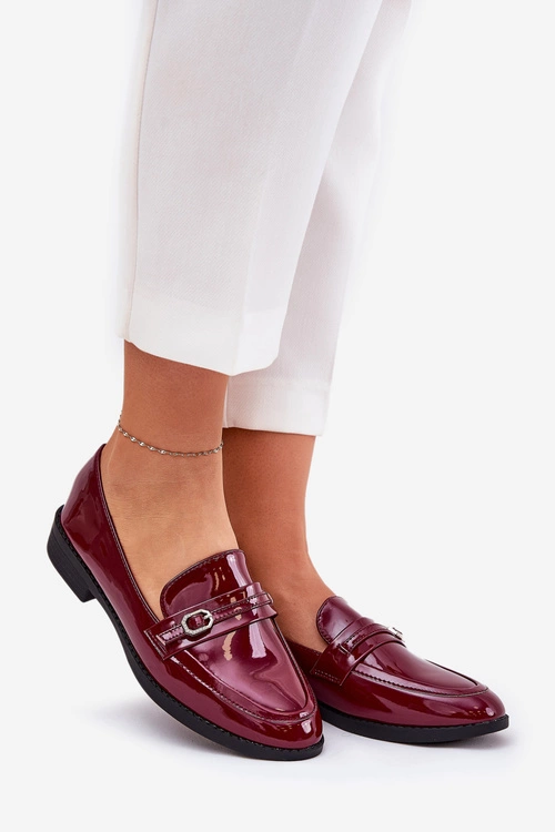 Lakierowane Mokasyny Damskie Z Ozdobną Sprzączką Bordowe Mollan
