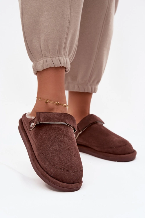 Kapcie Damskie Z Paskiem Ocieplane Futerkiem Czekoladowe Rilena