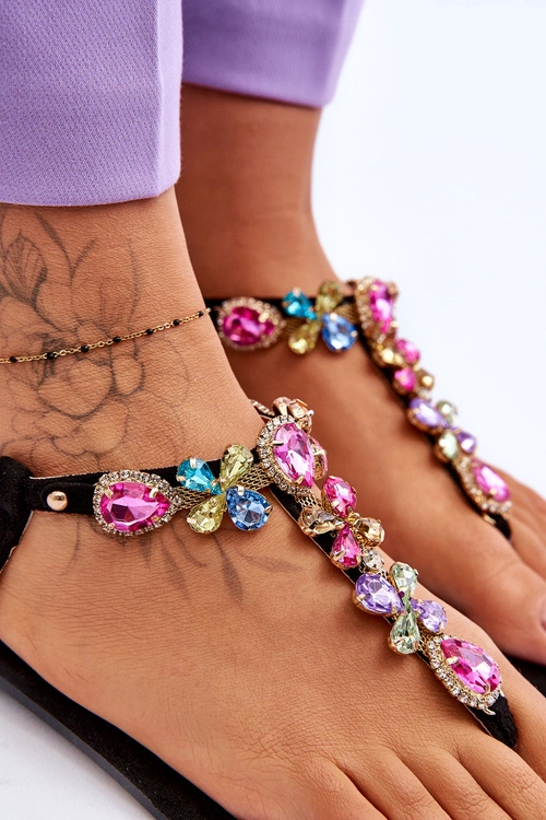 Zamszowe Sandały Japonki Z Kamieniami Czarne Frency