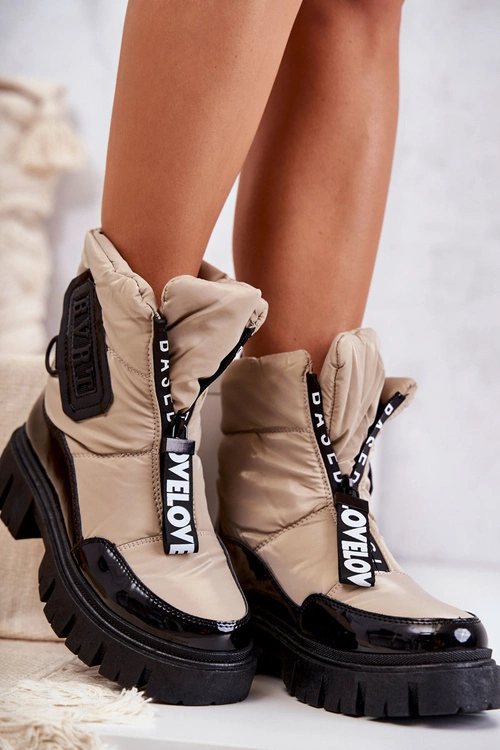 Damskie Ocieplane Śniegowce Na Suwak Beżowo-Czarne Marit