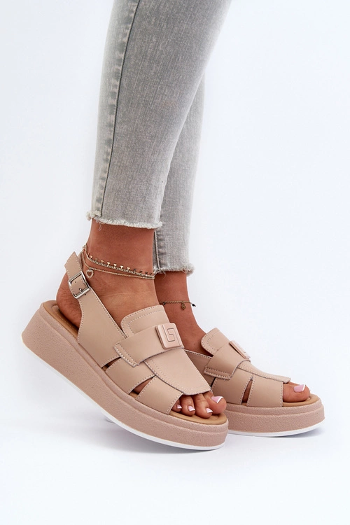 Skórzane Sandały Damskie Na Platformie I Koturnie Ciemnobeżowe Vivitellia