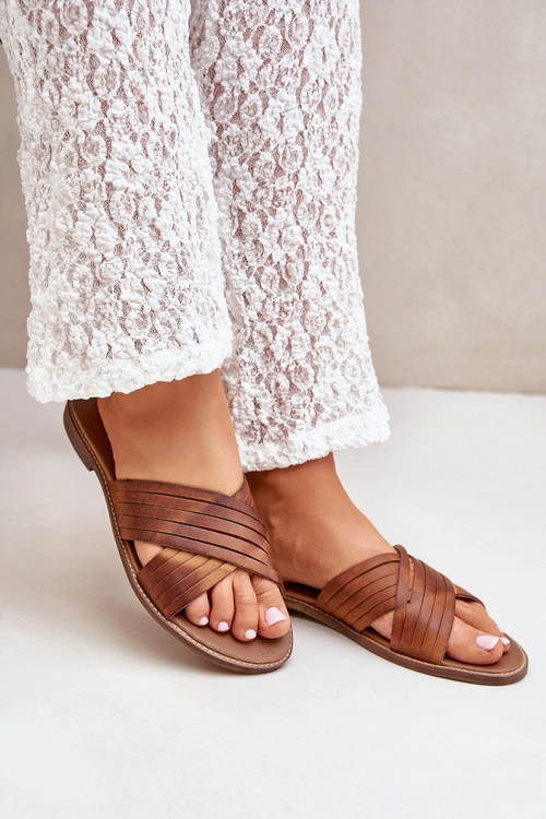 Skórzane Damskie Klapki Lewski Shoes 3682 Camel