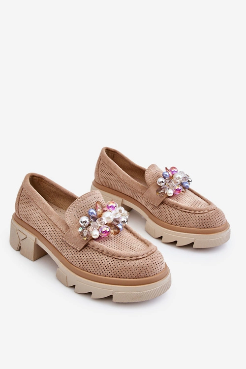 Damskie Półbuty Mokasyny Z Ozdobami Beżowe Issac