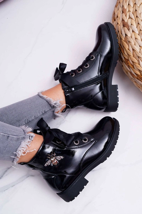 Botki Damskie Płaski Obcas Glany Lakierowane Czarne Sergio Leone BT530