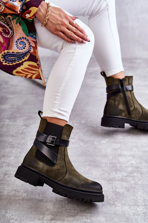 Damskie Ocieplane Botki Sztyblety Z Paskiem Zielone Jose