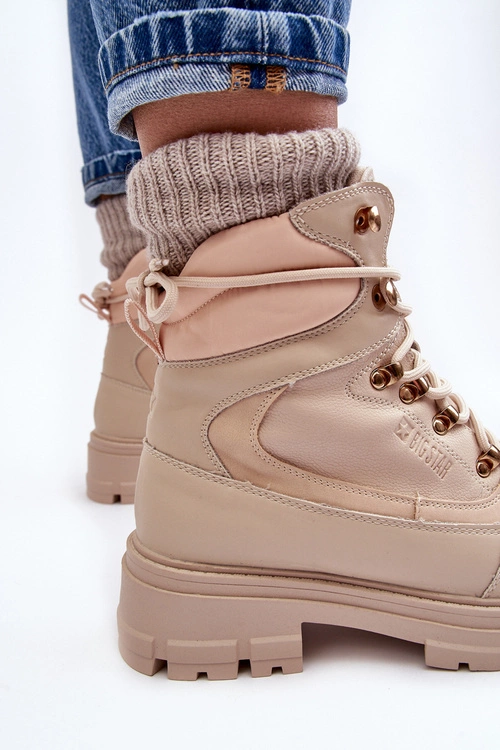 Ocieplane Trapery Botki Sznurowane Damskie Jasnobeżowe Big Star MM274664