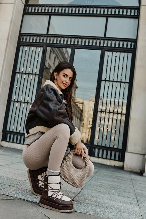 Śniegowce Damskie Na Platformie Z Wiązaniem Brązowe Riaviana