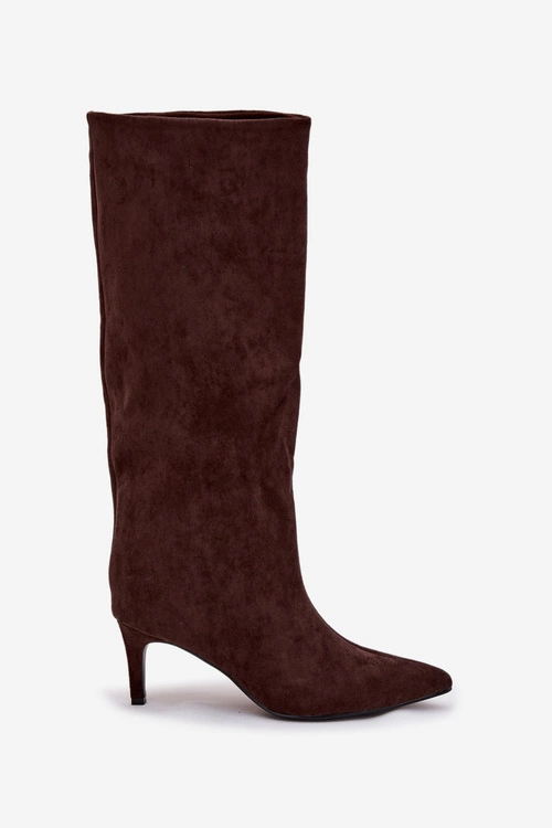 Kozaki Damskie Wsuwane Ocieplane Na Szpilce Czekoladowe Olivienne