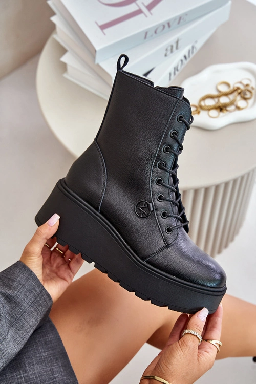 Skórzane Botki Workery Ocieplane Na Platformie I Koturnie Vinceza 58338 Czarne