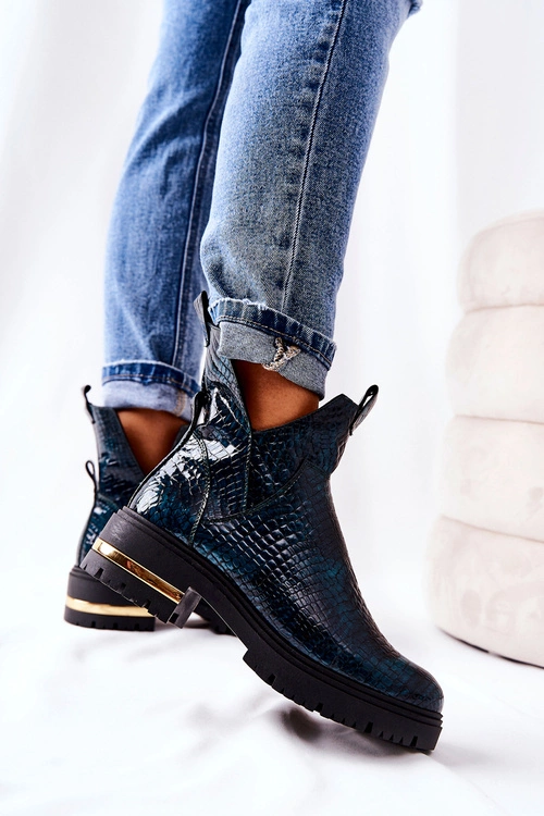 Skórzane Botki Ocieplane Krokodyl Zielone Tanya