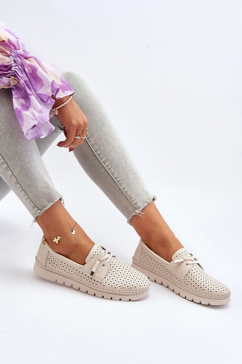 Skórzane Półbuty Damskie Ażurowe Beżowe Darnissa