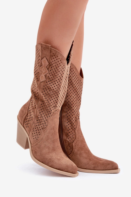Ażurowe Botki Kowbojki Na Słupku Brązowe Salive