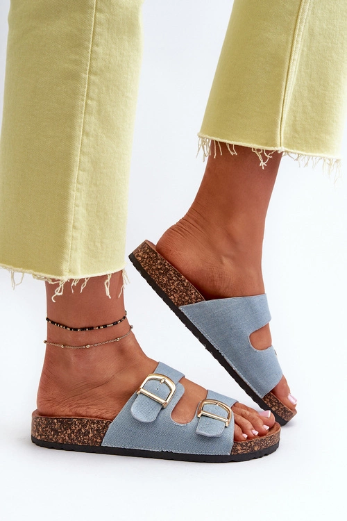 Jeansowe Damskie Klapki Na Korkowej Platformie Z Paskami Niebieskie Doretta