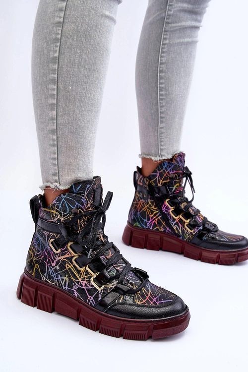 Skórzane Płaskie Sznurowane Botki Maciejka 06158-01 Czarne