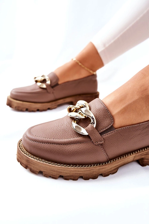 Damskie Półbuty Skórzane Loafery Brązowe Sthonto