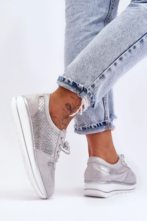 Skórzane Buty Sportowe Z Perforacją S.Barski AL22246 Srebrne