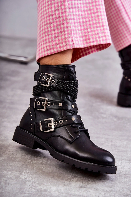 Damskie Skórzane Botki Z Ozdobnymi Paskami Czarne Russo