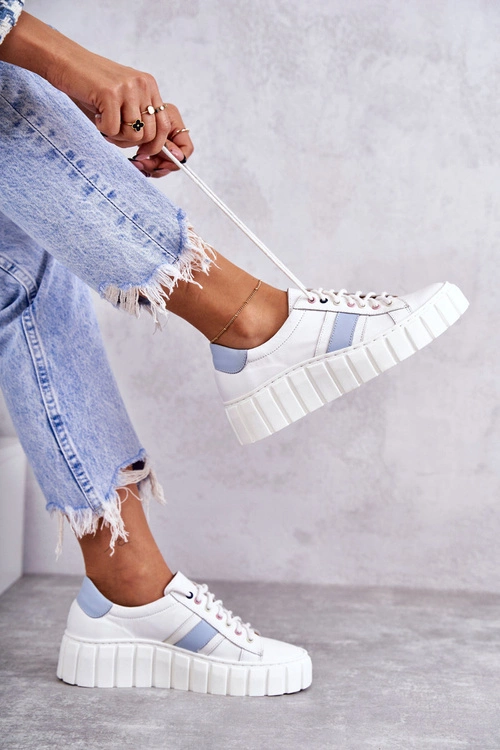 Damskie Skórzane Buty Sportowe Wiązane Biało-Niebieskie Ariva