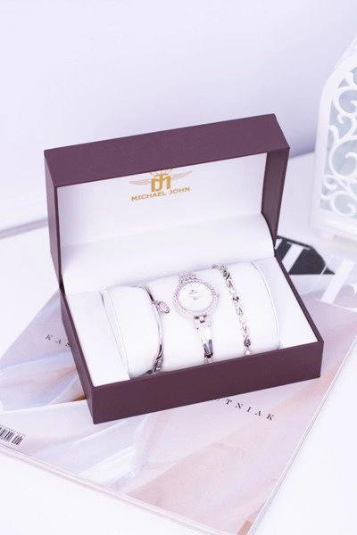 Zestaw Michael John Damski Srebrny Zegarek Z Cyrkoniami Dwie Bransolety