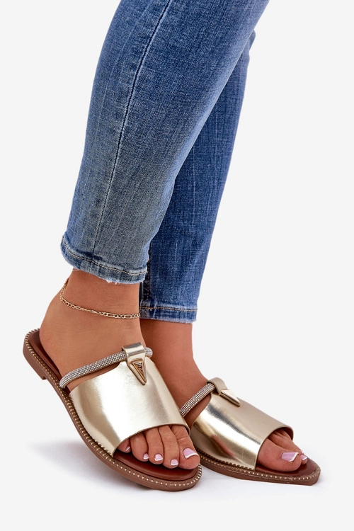 Eko Skórzane Klapki Na Płaskim Obcasie Z Ozdobnym Paseczkiem Złote Hirtewi