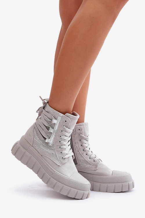 Wysokie Trampki Damskie Na Masywnej Platformie Ze Zdobieniem Szare Zaidria