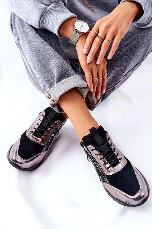 Skórzane Sportowe Buty Sneakersy Czarno Srebrne Minor