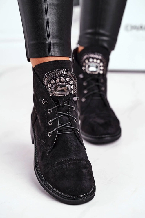 Damskie Botki Ciepłe Zamszowe Kryształki Czarne Hondus