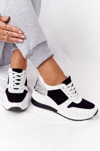 Skórzane Sneakersy Na Koturnie S.Barski Czarno-Białe